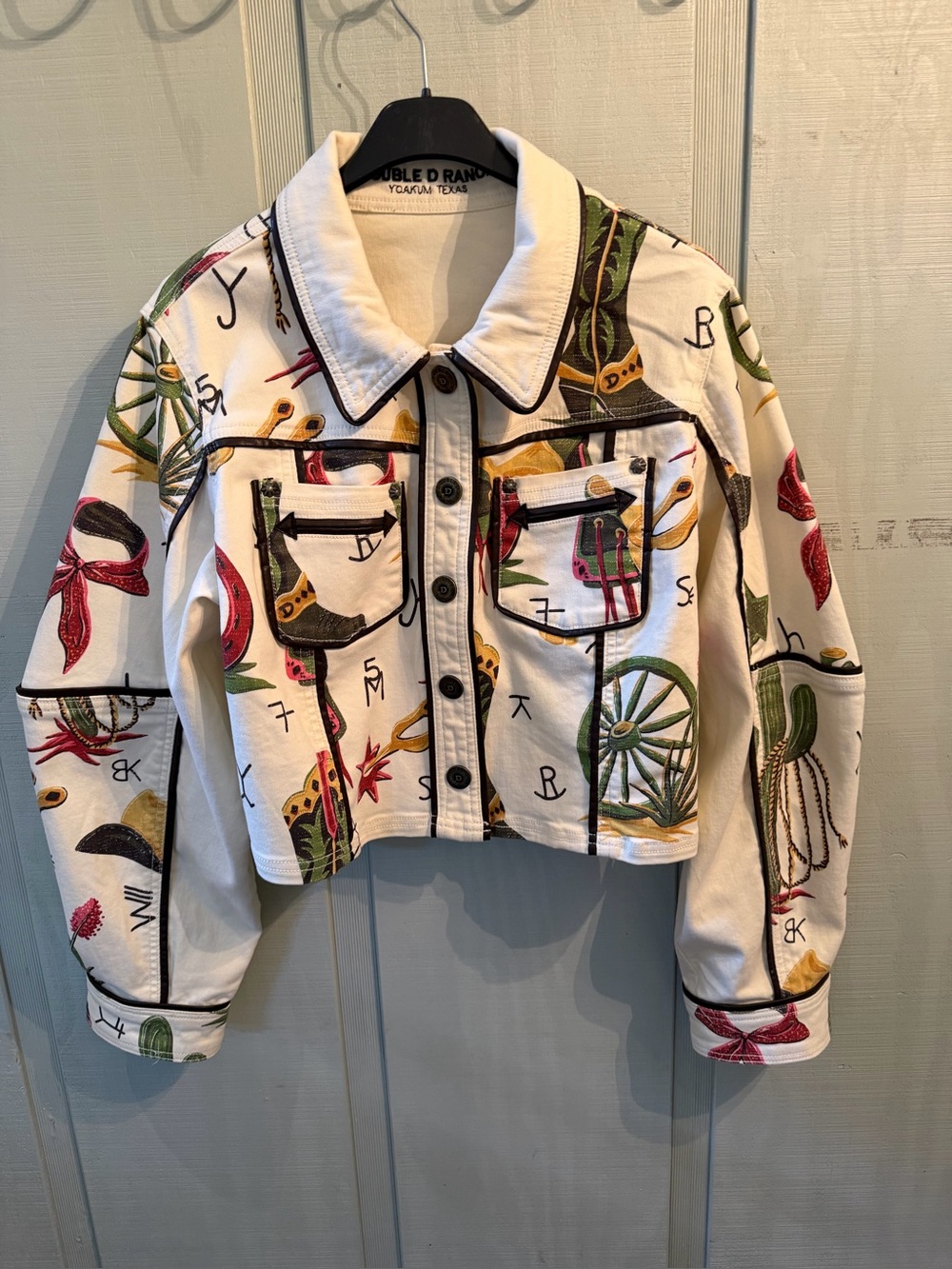 Double D Ranch White Cropped Western-Print Denim Jacket with Multicolor Accents